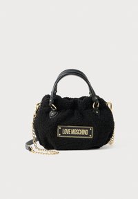 Black textured handbag with dual top handles, gold chain strap, and gold "LOVE MOSCHINO" plaque on front center.