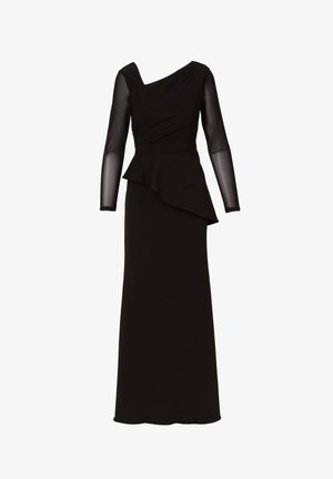 Zwarte avondjurk tot op de vloer met asymmetrische halslijn, geplooide lijfje, doorschijnende lange mouwen en een vallende peplum detail aan één kant.