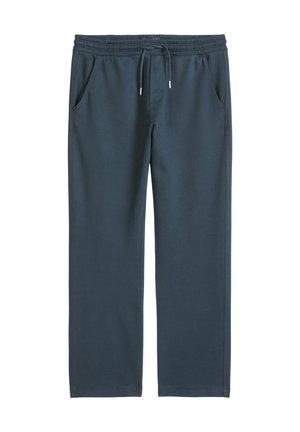 Blauwe casual broek met elastische tailleband, trekkoord en zijzakken, weergegeven op een witte achtergrond.