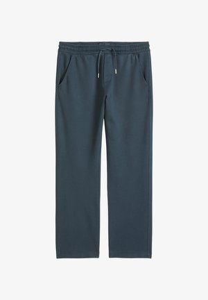 Pantaloni casual blu con vita elasticizzata, coulisse e tasche laterali, mostrati su fondo bianco.