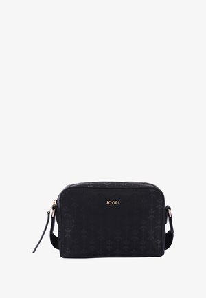 Black synthetic handbag with a patterned surface, zip closure, adjustable strap, and gold logo accent. Rectangular with rounded edges.