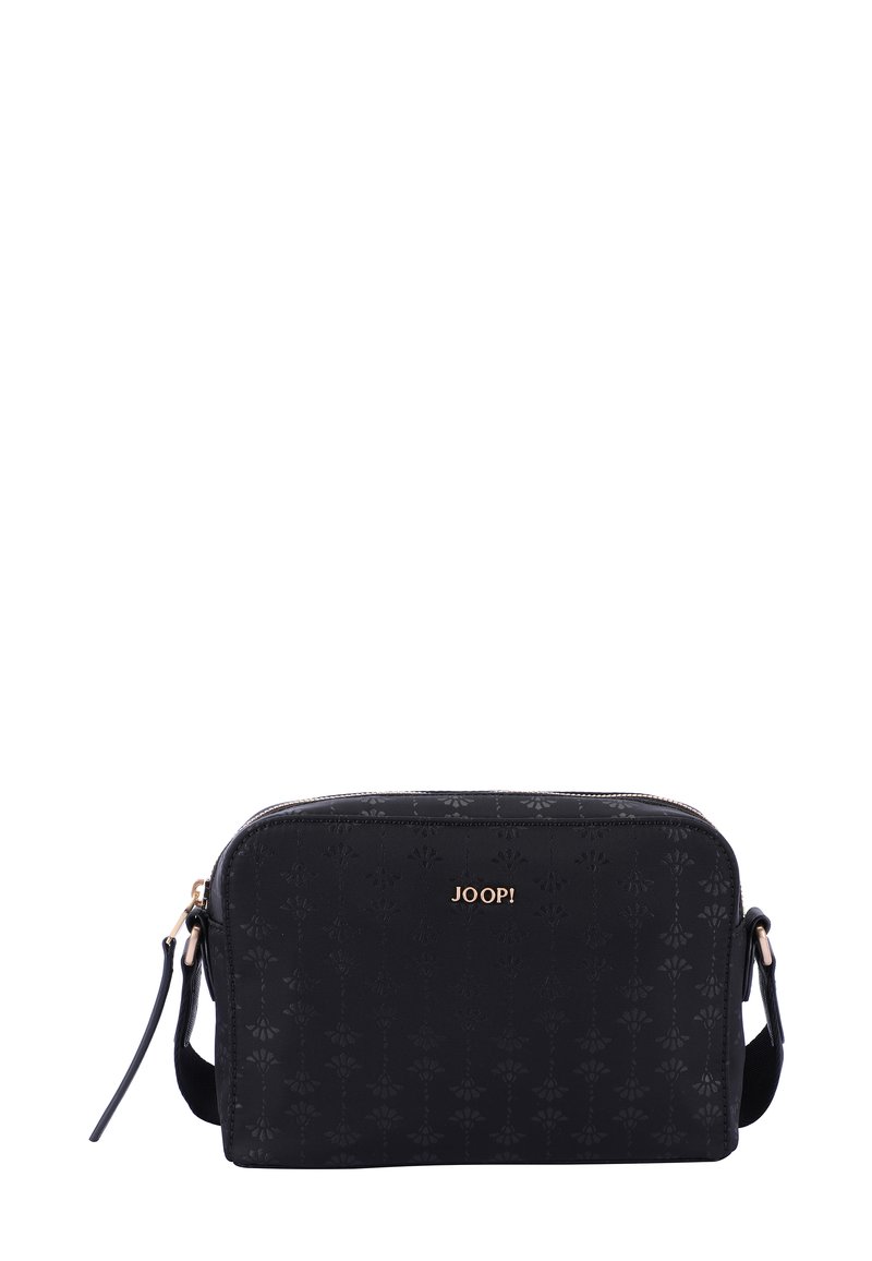 Borsa a mano nera in sintetico con superficie stampata, chiusura con zip, tracolla regolabile e accento logo dorato. Rettangolare con bordi arrotondati.