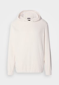 Sudadera con capucha de color beige claro con textura acanalada, de manga larga y puños elásticos. Presenta un cordón para ajustar la capucha.