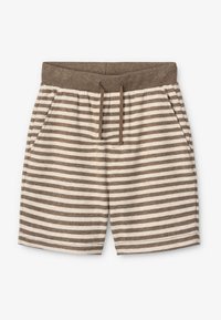 Randiga shorts i ljusbeige och brun, tillverkade av mjukt tyg, med elastisk midja och snöre samt sidofickor.