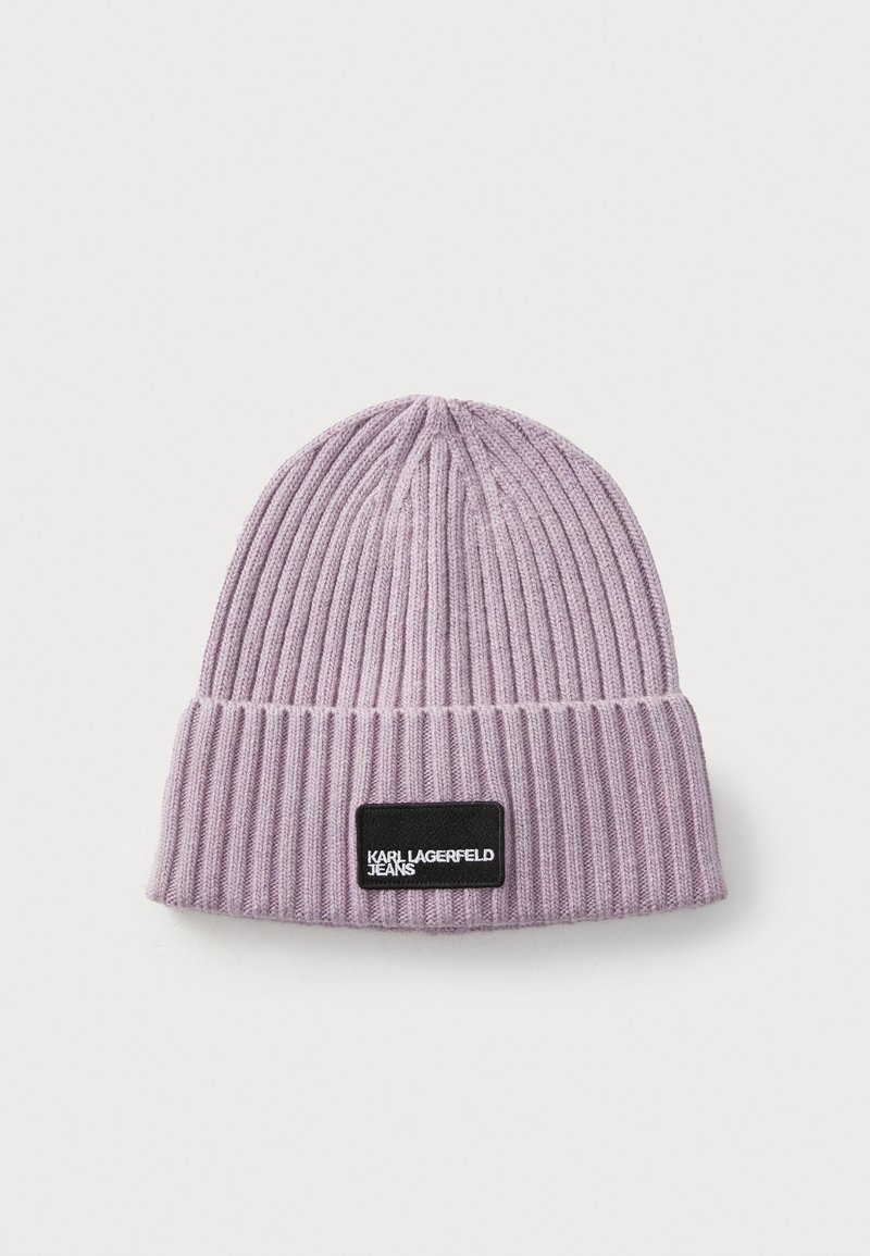 Purple knitted beanie with a ribbed texture and folded cuff. Features a black rectangular tag with "KARL LAGERFELD JEANS" text.