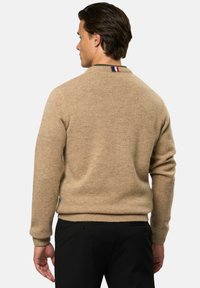 Muž otočený chrbtom, oblečený v béžovom pletenom svetri s prúžkami v červenej, bielej a modrej farbe na krku a čiernych nohaviciach.