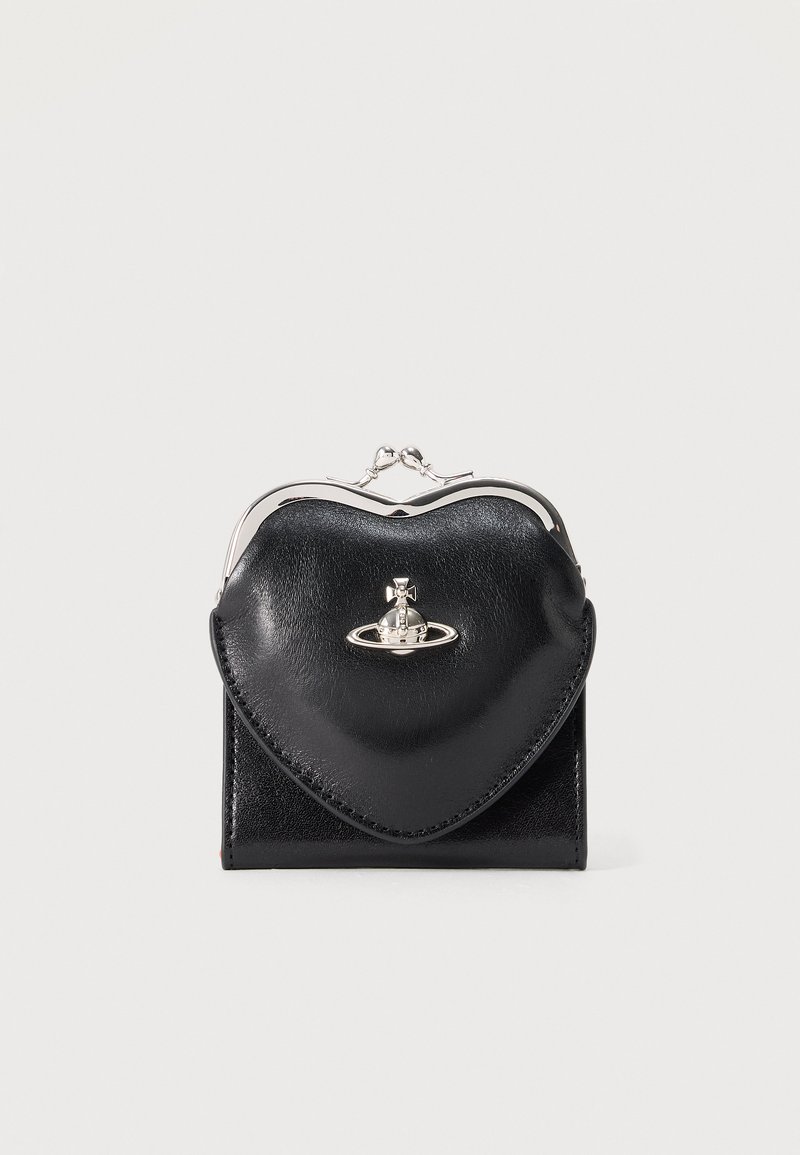 Black leather heart-shaped coin purse with silver clasp and silver orb logo centered on front.