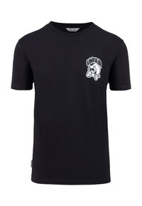 T-shirt en coton noir avec un col rond et des manches courtes, présentant un graphisme blanc d'un personnage et le mot "UNFAIR" sur la poitrine.