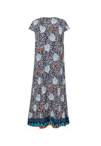 Navyblaues Kleid mit kurzen Ärmeln, das ein Blumendesign in Hellblau und Creme zeigt, akzentuiert mit orangen Kreisen und einem türkisfarbenen Saum.