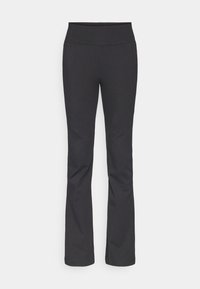 Svarta utsvängda byxor i ett mjukt, stretchigt material. Hög midja, inga synliga knäppningar och en skräddarsydd passform från höft till nederkant.