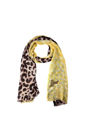 Sciarpa con doppia fantasia leopardata: un lato nero e bianco, l'altro giallo con macchie giallo chiaro, con piccolo testo stampato sul lato giallo.