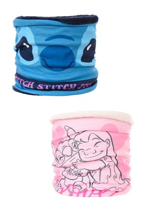 Two neck gaiters: the top is blue with a Stitch face graphic; the bottom is pink with an outline of Stitch and Lilo hugging, featuring soft lining.