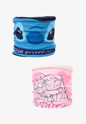 Due gaiter per il collo: il superiore è blu con una grafica del volto di Stitch; il inferiore è rosa con un contorno di Stitch e Lilo che si abbracciano, dotato di un morbido rivestimento interno.