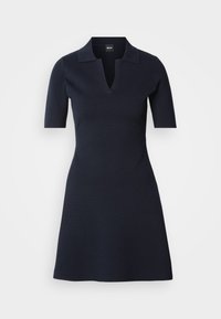 Robe bleu marine manches courtes avec col et encolure en V, taille cintrée et jupe évasée.