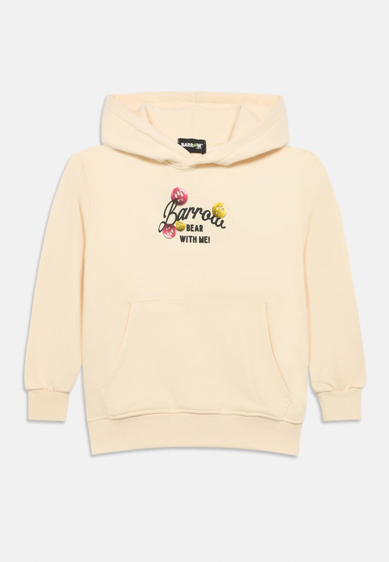 Sweatshirt de criança em cor creme com bolso frontal, rostos sorridentes multicoloridos e o texto "Barrow Bear With Me!" no peito.