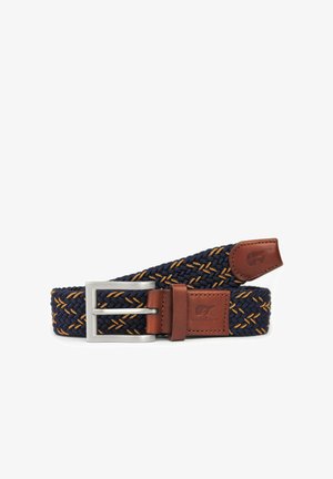 Cintura intrecciata blu navy con accenti arancioni, dotata di fibbia in metallo argentato e estremità in pelle marrone, che presenta un design testurizzato e dettagli con logo.