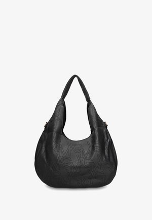Sac d'épaule en cuir noir avec anses larges, surface texturée et motif perforé des lettres M, V et G.