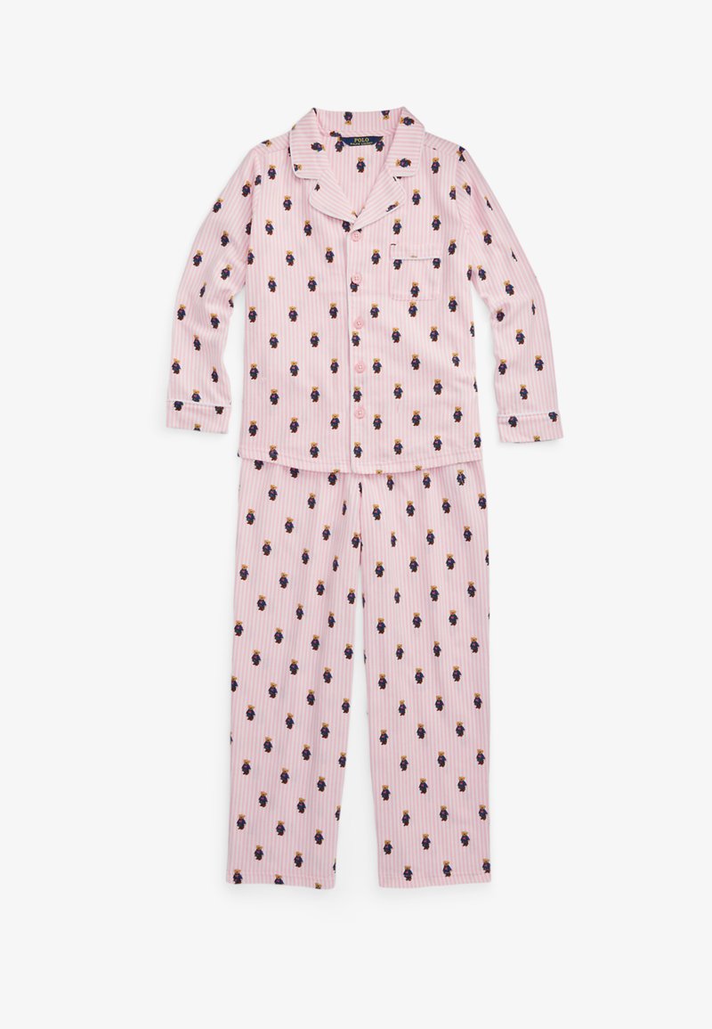 Rozā svītrainā pidžamu komplekts ar mazām tumši zilu ziedu rakstiem, kas ietver apkakli, pogas un krūšu kabatu augšdaļā, kā arī saskaņotas bikses.