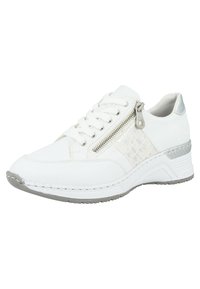 White sneaker with textured leather, lace closure, and side zipper. Features subtle reptile pattern and a gray rubber sole.