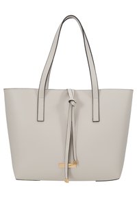 Lys grå læder tote taske med to flade håndtag, bundet detalje og sort kant. Glat tekstur med et minimalistisk design.