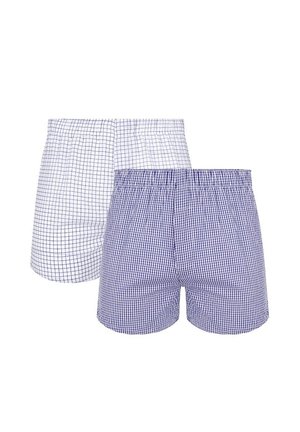 Bokserki w kratkę w dwóch wzorach: jedna biała z granatową kratą i jedna gładka granatowa z mniejszym wzorem gingham. Miękka tkanina, elastyczny pasek w talii.