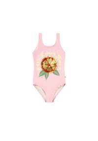 Maillot de bain une pièce rose avec un graphisme de citron en sequins et le texte jaune "C'est l'heure du citron" au-dessus de feuilles vertes.