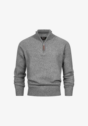 Grauer Strickpullover mit einem Reißverschluss-Hoops-Ausschnitt, gerippten Bündchen und Saum. Weiche Textur, mit minimalistischem Design und subtilen Steppdetails.