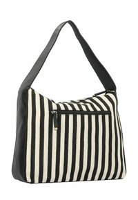 Sac à épaule en tissu à rayures noires et blanches, avec des finitions en cuir noir lisse et une poche zippée à l'avant pour un rangement supplémentaire.