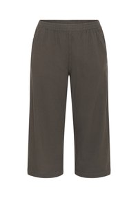 Pantalons cropped à taille élastique gris foncé, à jambes larges, avec poches latérales, fabriqués en tissu léger.