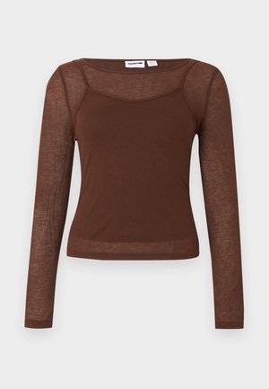 Rudas, ilgomis rankovėmis, ribuotas megztinis su permatomomis tinklelio rankovėmis ir pečių dalimi, kvadrato formos iškirpte bei aptemptu siluetu.