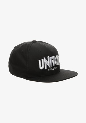 Black snapback cap made of cotton. Features large white embroidered "UNFAIR" text and "ATHLETICS" below. Flat brim and six-panel design.