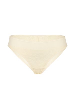 Bikini in pizzo crema con ampia fascia elastica in vita, caratterizzato da un delicato motivo floreale su tessuto morbido.