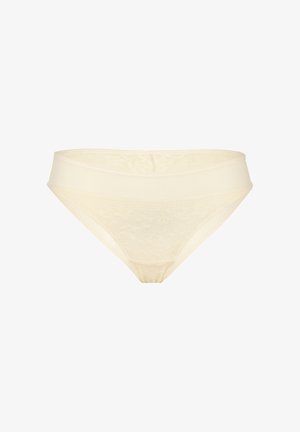 Bikini in pizzo crema con ampia fascia elastica in vita, caratterizzato da un delicato motivo floreale su tessuto morbido.