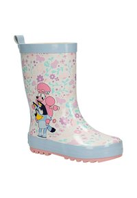 Bottes de pluie pour enfants avec bordure et semelle bleues, motif floral rose et personnages de dessin animé de chien et caniche sur le côté.