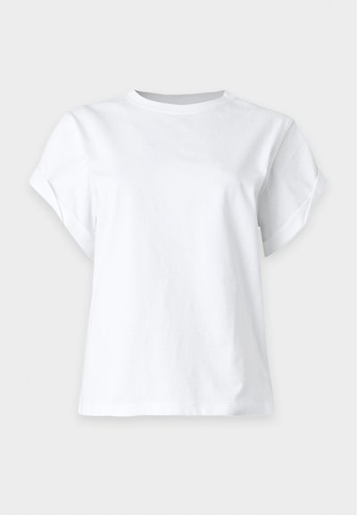 Plain white short-sleeve t-shirt with a round neckline and slightly rolled sleeves on a light background.