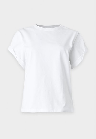 Plain white short-sleeve t-shirt with a round neckline and slightly rolled sleeves on a light background.
