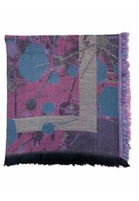 Tissu tissé présentant un motif abstrait vibrant en violet, bleu et gris. Bords frangés bruts, texture douce et formes circulaires et angulaires variées.