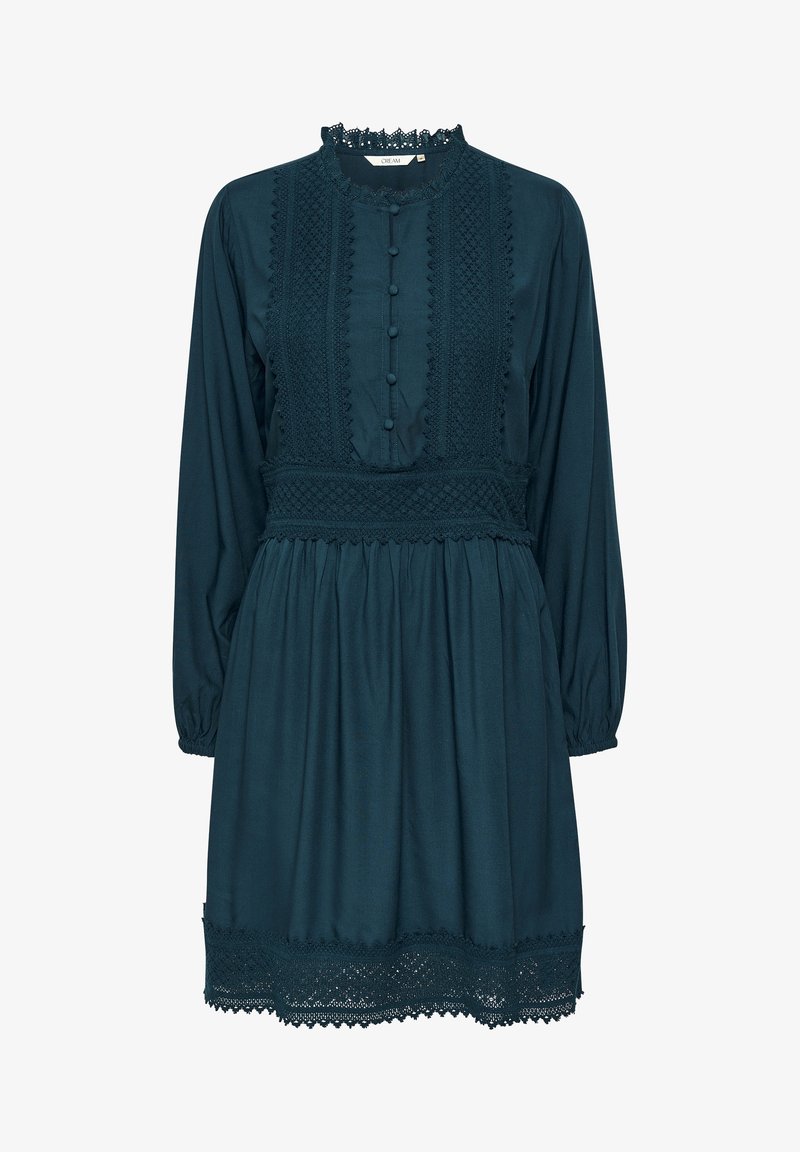Robe bleu sarcelle foncé à manches longues avec bordure en dentelle, patte de boutonnage devant, taille froncée et détail en dentelle à l'ourlet.