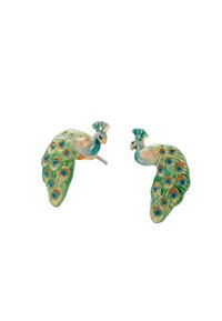 Emailne uhane s peacockom zeleni, modri in zlatni poudarki, s teksturiranim dizajnom peresa in ušesno zaponko.