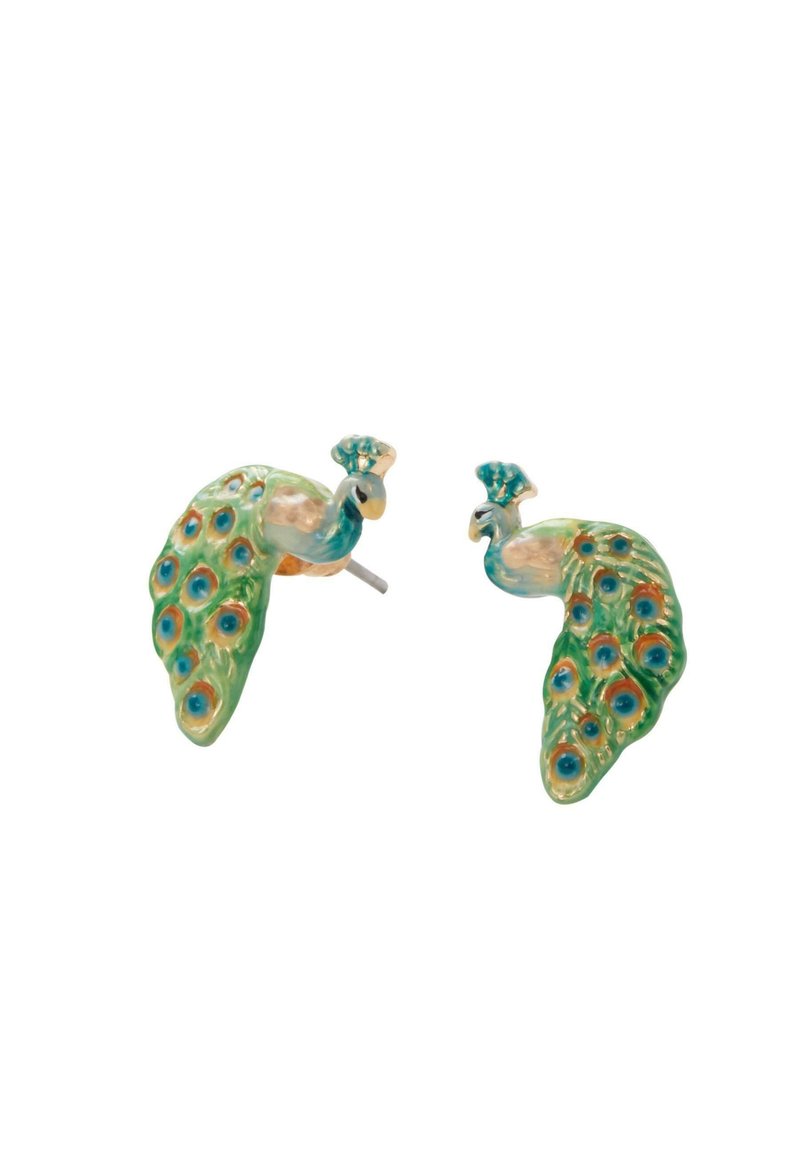 Emailne uhane s peacockom zeleni, modri in zlatni poudarki, s teksturiranim dizajnom peresa in ušesno zaponko.