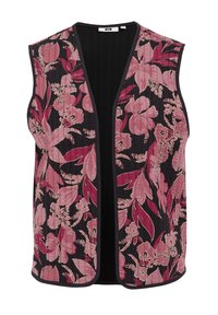 Prsluk s cvjetnim uzorkom na crnoj pozadini, koji sadrži ružičaste i burgundske cvjetove. Dizajn otvorenog prednjeg dijela i teksturirana tkanina s sivim obrubom.