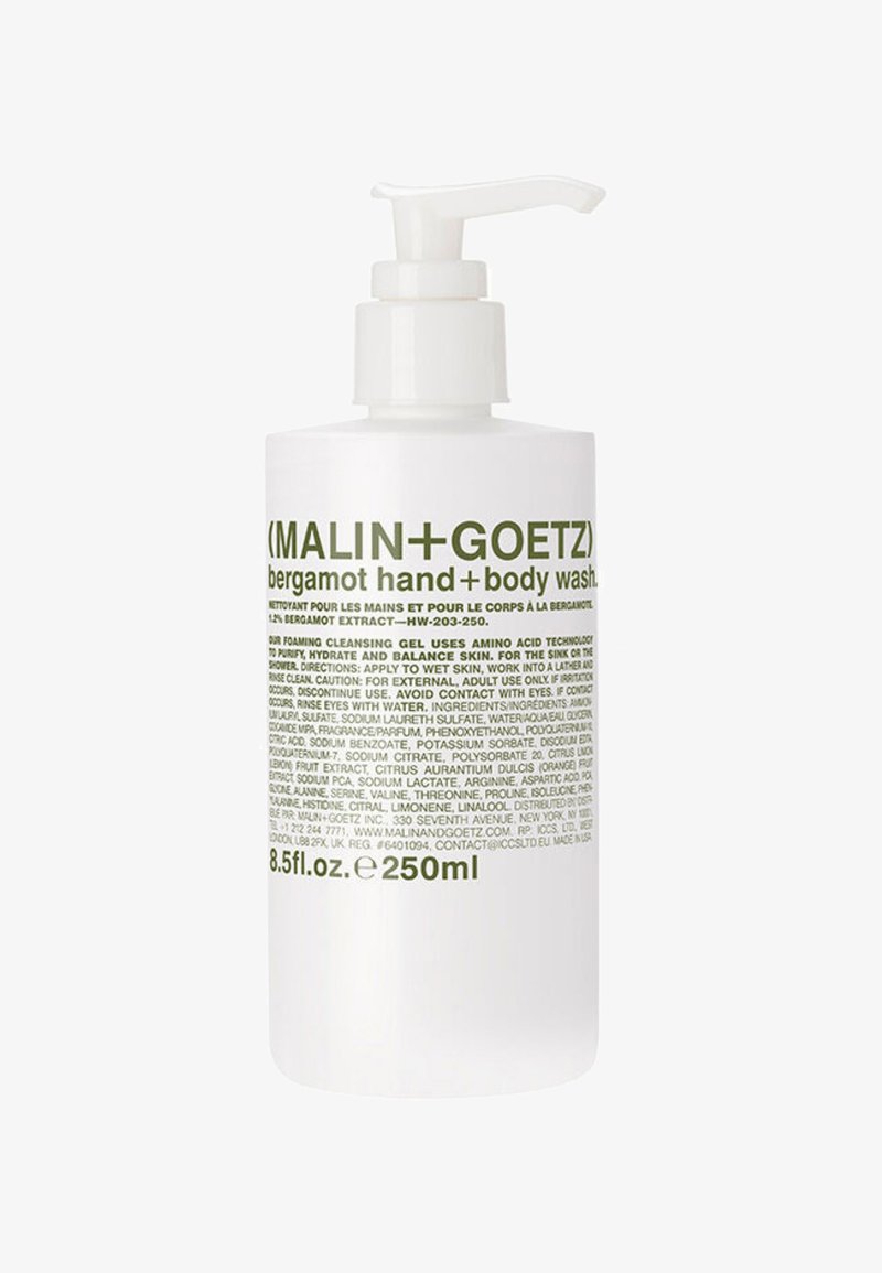 Weißer Kunststoffpumpflasche mit mattem Finish; beschriftet mit "(MALIN+GOETZ) Bergamot Hand- und Körperwaschmittel" in grüner Schrift; 250 ml Fassungsvermögen.