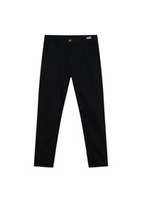 Pantaloni in cotone neri con una vestibilità slim, dotati di tasche frontali e chiusura con bottone. Il cinturino mostra il nome del marchio "HARPER."