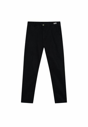 Pantalones de algodón negros con corte slim, que presentan bolsillos frontales y cierre de botón. La cinturilla muestra el nombre de la marca "HARPER."