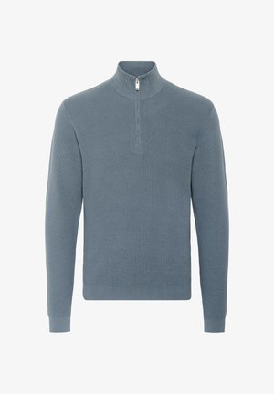 Suéter azul texturizado con un cuello alto y una cremallera corta. Puños y dobladillo acanalados. El material parece suave y de punto.