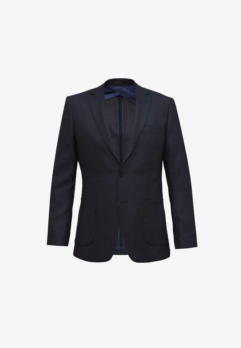 Granatowa marynarka o dopasowanym kroju, z pojedynczym zapięciem na guzik, klapami w szpic oraz dwoma przednimi kieszeniami. Wewnątrz znajduje się wzorzysta podszewka.