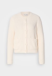Cremefärgad, texturerad cardigan med rund halsringning, fem knappar, två framfickor och ribbade ärmslut och nederkant. Tillverkad av mjukt tyg.