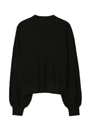 Pull en maille noir à manches longues avec un col montant, des poignets côtelés et une coupe légèrement courte et ample.