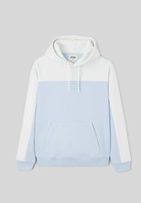 Sweat à capuche bleu clair et blanc, avec une poche avant, des manches longues et un logo textuel sur la poitrine. Matière en mélange de coton doux.