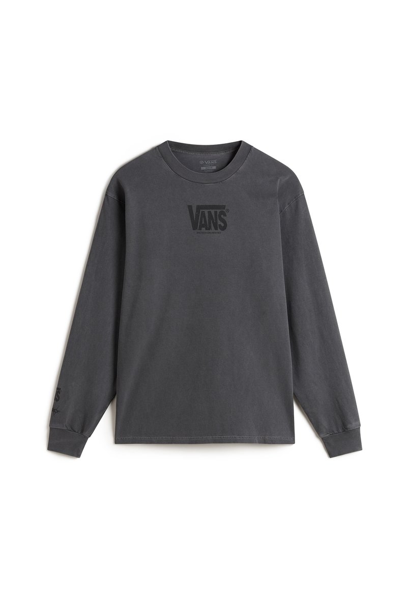 Langarmshirt aus dunkelgrauer Baumwolle mit einem schwarzen Vans-Logo auf der Vorderseite. Rundhalsausschnitt mit gerippten Bündchendetails.